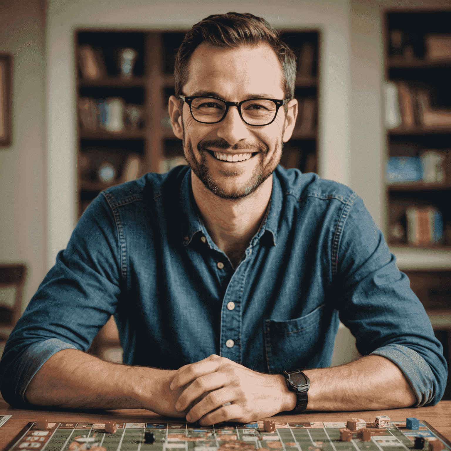 Portrait d'un expert en jeux de plateau, homme d'une trentaine d'années portant des lunettes et souriant à la caméra