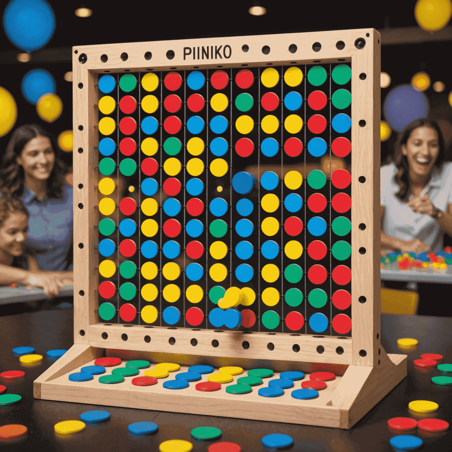 Une table de jeu Plinko avec des jetons colorés tombant à travers les chevilles, entourée de joueurs enthousiastes sur la plateforme 1win