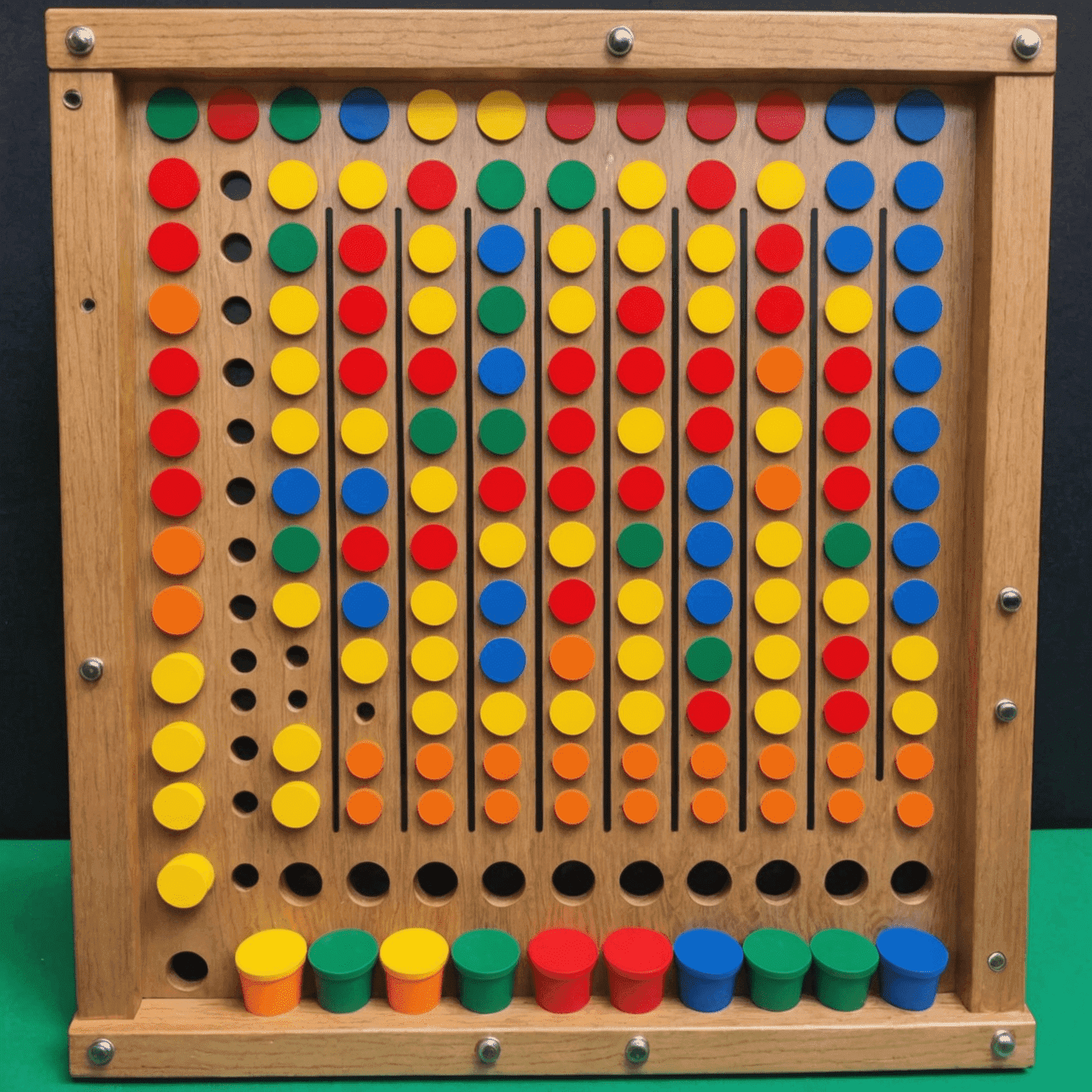 Plateau de jeu Plinko original de l'émission 'Le Juste Prix' avec des jetons colorés tombant à travers les chevilles