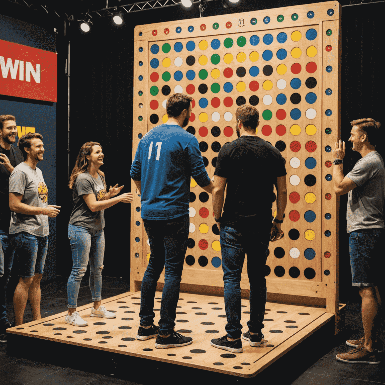 Un tableau de Plinko géant avec le logo 1win, entouré de joueurs enthousiastes participant à un tournoi