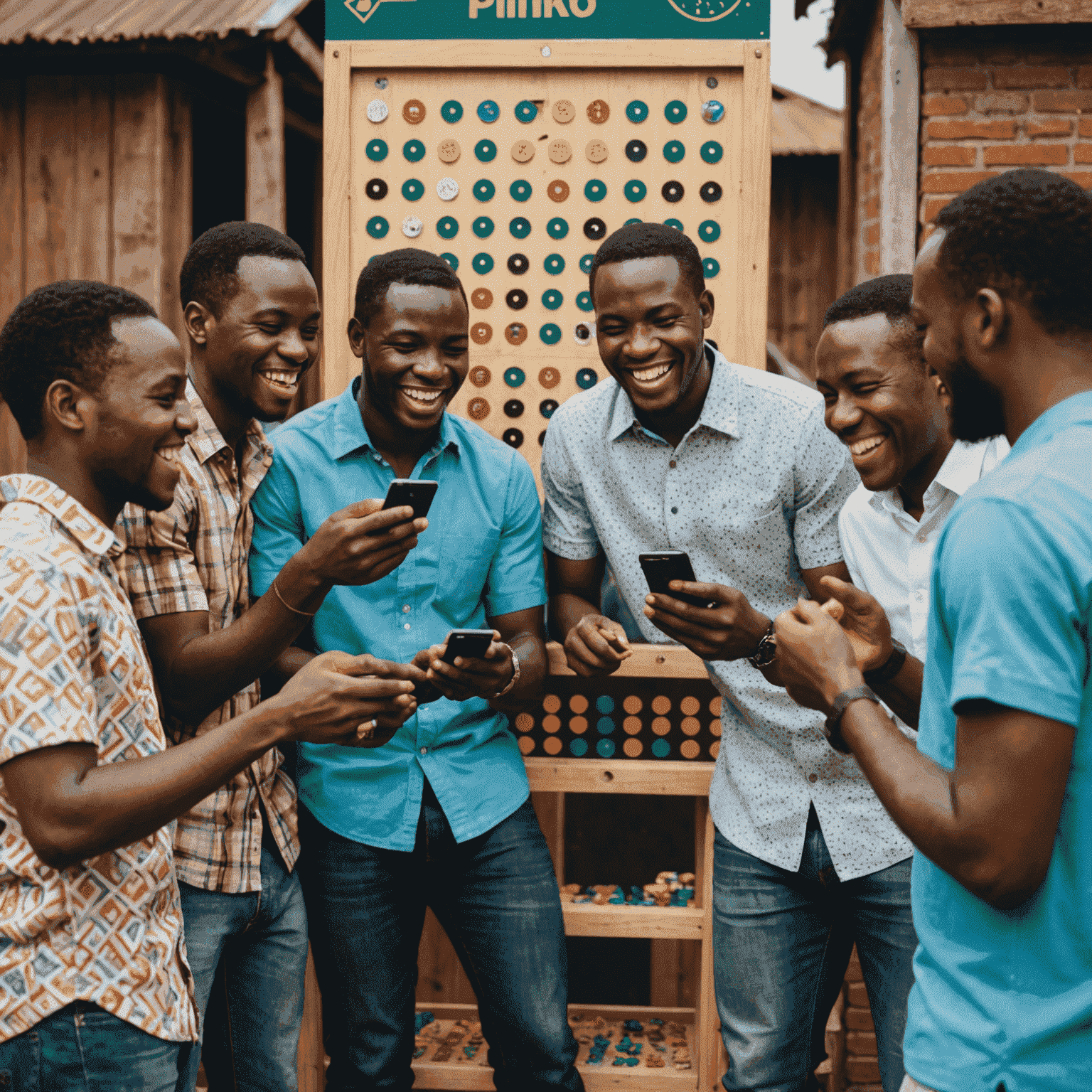 Groupe de Togolais jouant à Plinko sur leurs smartphones, souriant et célébrant